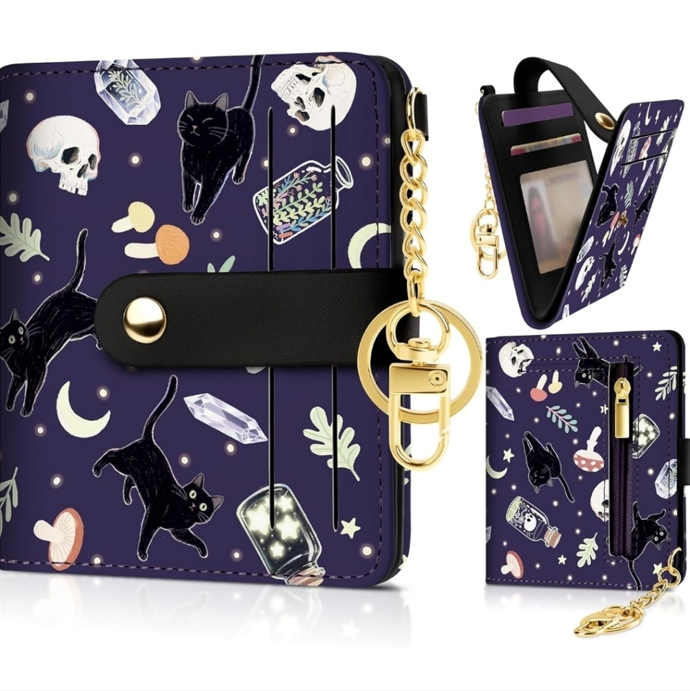 Black Cat Pattern Wallet with Gold Chain